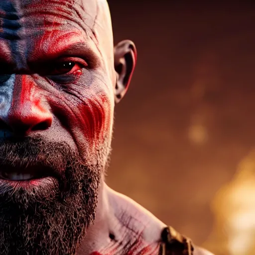 Image similar to Djimon Hounsou as kratos, 8k, cinematic, unreal engine