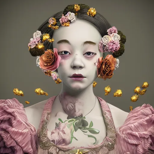 Image similar to 8k, octane render, realism, tonalism, renaissance, rococo, baroque, portrait of a young lady wearing long harajuku manga dress with flowers and skulls, background chaotic gold leaf flowers