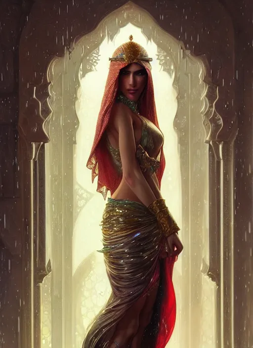 Image similar to an arabian princess standing in the rain crying, shiny, fantasy, intricate, elegant, hyper detailed, ultra definition, photoreal, artstation, unreal engine rendered, concept art, smooth, sharp focus, illustration, art by artgerm and greg rutkowski and alphonse mucha and garis edelweiss