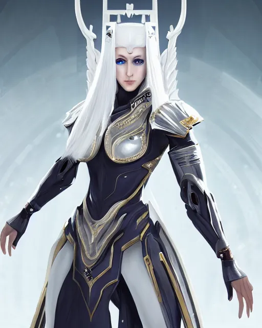 Image similar to perfect white haired attractive egyptian goddess, warframe armor, beautiful, symmetric, dreamy, half asian, pretty face, blue eyes, khaleesi, detailed, scifi platform, laboratory, experiment, 4 k, ultra realistic, epic lighting, android body, illuminated, cinematic, masterpiece, art by akihito tsukushi, voidstar