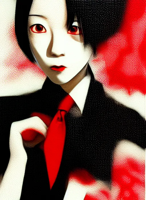 Image similar to red, white and black color palette, yoshitaka amano blurred and dreamy realistic three quarter angle portrait of a young woman with short hair and black eyes wearing office suit with tie, junji ito abstract patterns in the background, satoshi kon anime, noisy film grain effect, highly detailed, renaissance oil painting, weird portrait angle, blurred lost edges