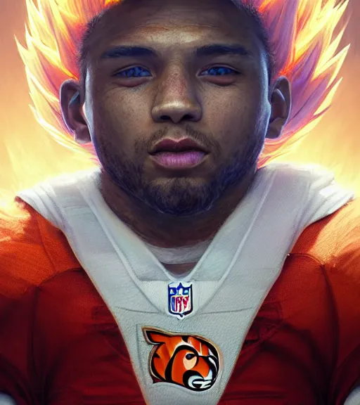 Image similar to highly detailed portrait of super saiyan cooper kupp cincinnati bengals football, unreal engine, fantasy art by greg rutkowski, loish, rhads, ferdinand knab, makoto shinkai and lois van baarle, ilya kuvshinov, rossdraws, tom bagshaw, global illumination, radiant light, detailed and intricate environment