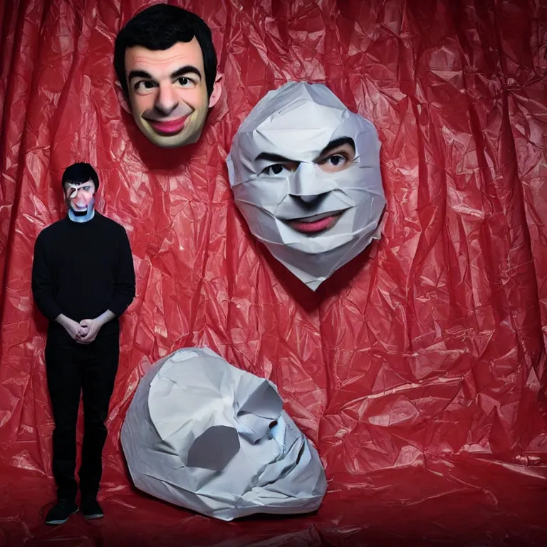 Image similar to focused dslr medium shot photograph of nathan fielder from nathan for you on comedy central wearing a paper mache mask of nathan fielder's face on a stage with a red curtain, meta, fractal, trippy, high detail!!! 8 k!!!!, photorealism!!!, sharp focus!!! coherent!!!