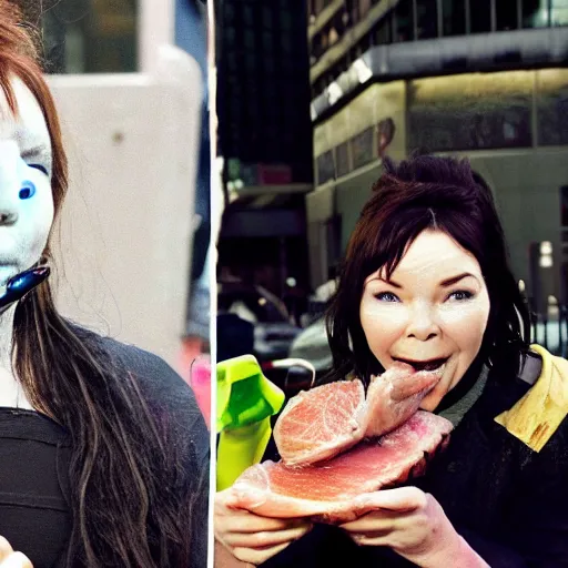 Image similar to bjork eating pork with a spork next to an orc in new york