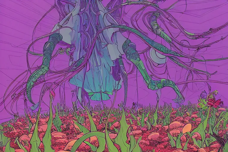 Prompt: far view of crazy vegetation and alien flowers by moebius, clean line, colorful comics style, artstation