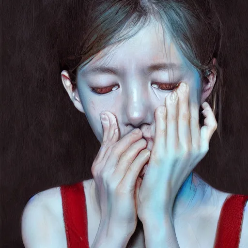 Image similar to girl sitting crying, night, cold weather, emotional oil painting, digital art, trending on artstation, by Yoshitaka Amano, highly detailed