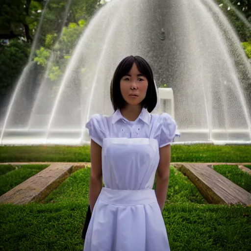 Prompt: a full body portrait of a young maid standing before a fountain in a park, 8k, cinematic, photo taken with Sony a7R camera, by William-Adolphe