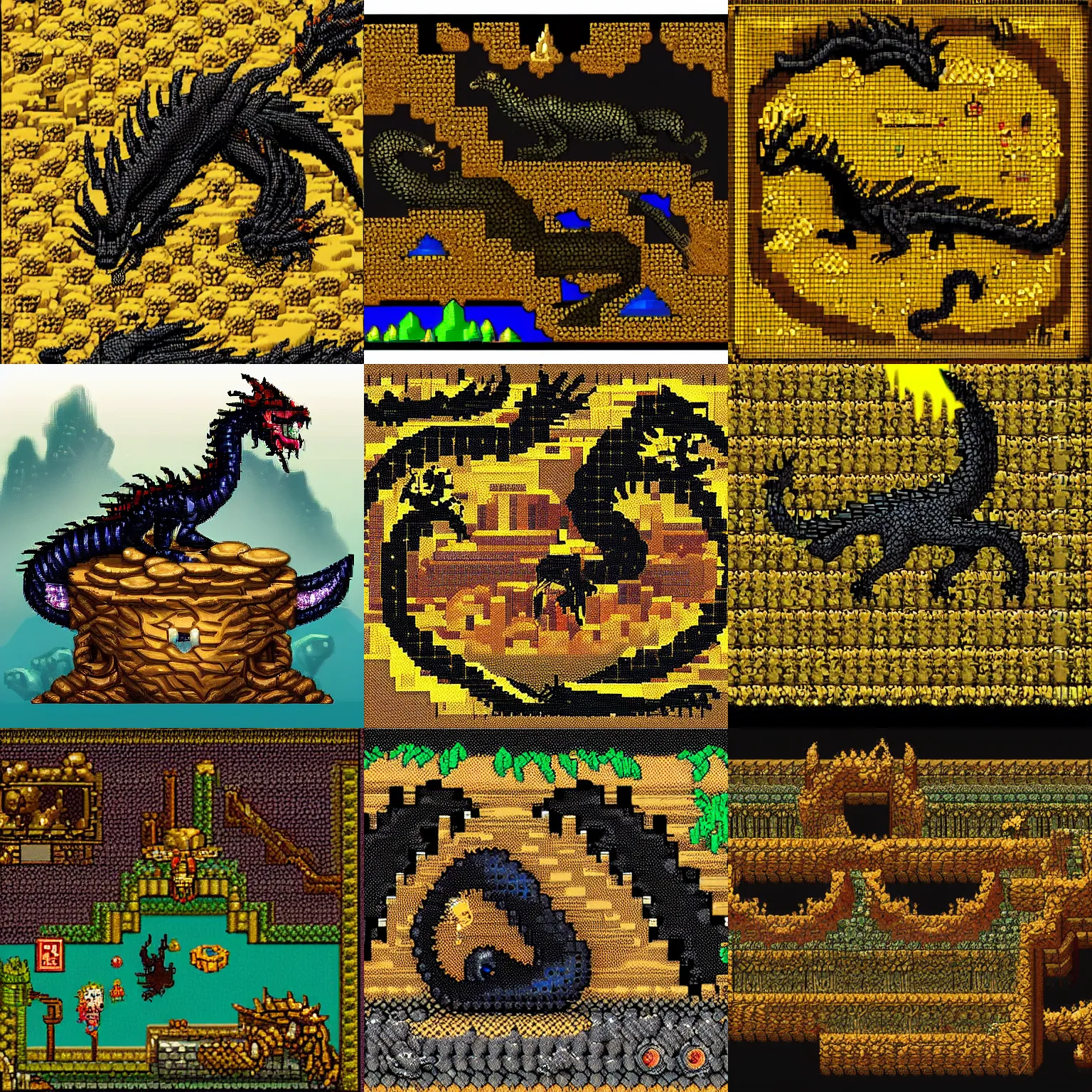 Prompt: a black dragon, sleeping on a hoard of gold in its den. highly detailed 1 6 - bit pixel art of a vibrant cave and treasure of jewels and coins, trending on artstation