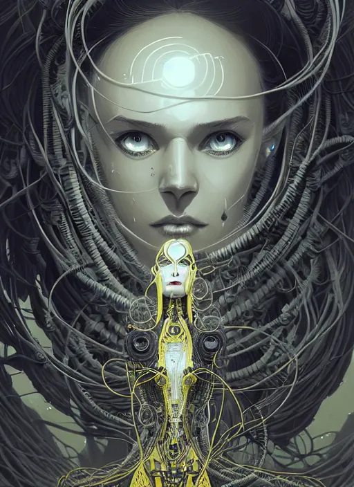 Image similar to highly detailed portrait of a biomechanical long curly white hair tribal lady, stray wiring by atey ghailan, james gilleard, by joe fenton, by greg rutkowski, by greg tocchini, by kaethe butcher, 4 k resolution, gradient yellow, black and white color scheme!!! ( ( dystopian robotic pyramid pouring sandfall background ) )