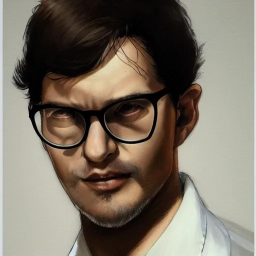 Prompt: a beautiful portrait artwork of a young male scientist with black hair and glasses and white shirt by Jerome Opeña, rim light, rembrandt lighting, featured on artstation