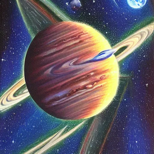 Image similar to very detailed painting of a science fiction spaceship between the earth and Jupiter, space, stars, Milky way