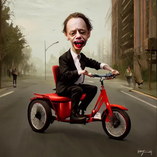 Image similar to hyper realistic absurd, silly, making insane faces, steve buscemi / john waters riding a tiny tricycle, painted by greg rutkowski, wlop, artgerm