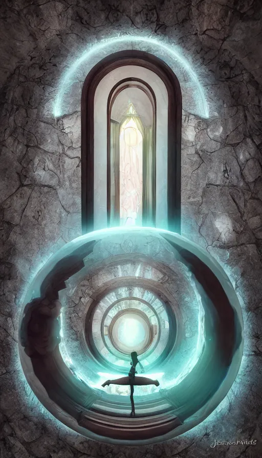 Prompt: goddess of illusion, beautiful, stunning, breathtaking, mirrors, glass, magic circle, magic doorway, fantasy, mist, bioluminescence, hyper - realistic, unreal engine, by jhonen vasquez