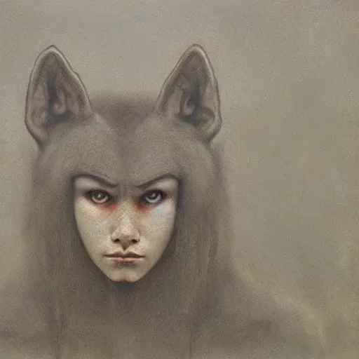 Prompt: portrait painting of 16 years old werewolf ((((((((((((human girl)))))))))))), by Beksinski