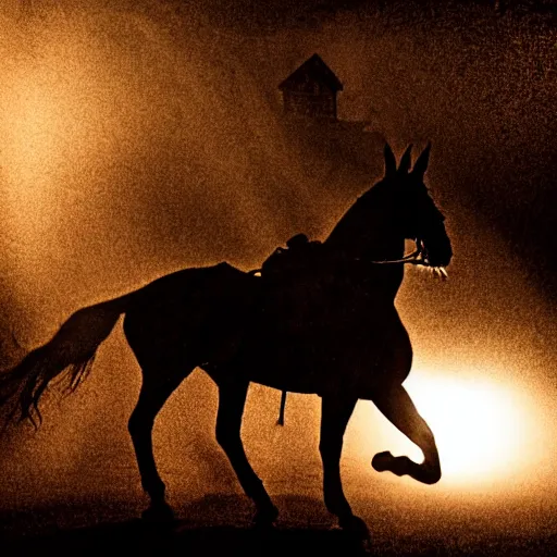 Image similar to the headless horseman entering a saloon, backlit, evening light, dramatic mood, low angle, sun rays