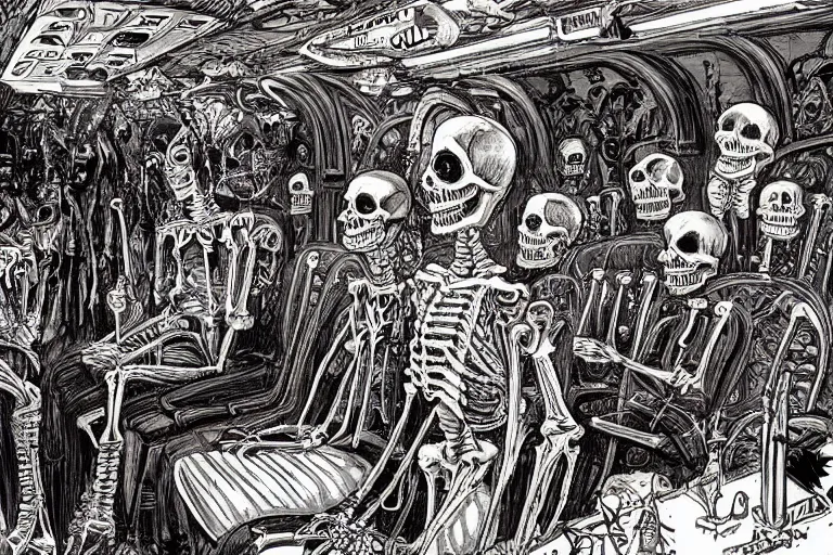 Image similar to scene from interior of a subway car, lunch, day of all the dead, skeletons, artwork by philippe druillet