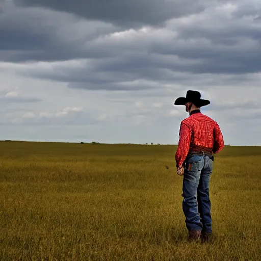 Prompt: cowboy standing in the prairie