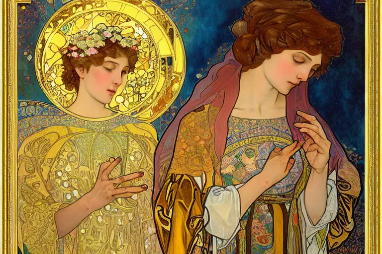 Image similar to the annunciation oil painting cross between the styles of alphonse mucha and gustav klimt gold leaf, intricate detailed,