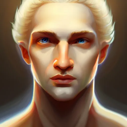 Prompt: Lucius the pale blond androgynous god of the sun, highly detailed, digital painting, artstation, concept art, soft light, sharp focus, illustration