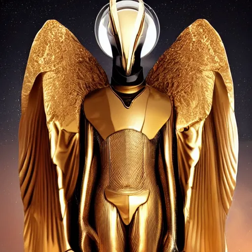 Prompt: a man 4 5 meters tall covered completely with a futuristic golden armor, his skin looks like white and black marble and can be seen between the armor, he has wings made of dark energy, he has a thurible in his hand with smoke, he lives in the year 3 0 0 0 in space, dune movie digital art