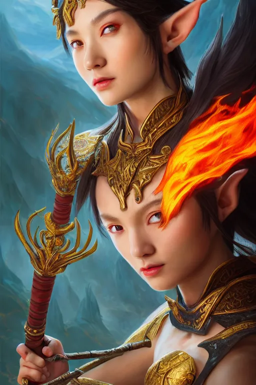 Image similar to a masterpiece portrait of nezha, young elf prince holding spear, flame everywhere, epic pose, fantasy character portrait, closeup shot, hyper detailed, digital painting, 8 k realistic, trending on artstation, sharp focus, dof, by fenghua zhong, artgerm, ne zha from smite, jeff easley, raymond swanland