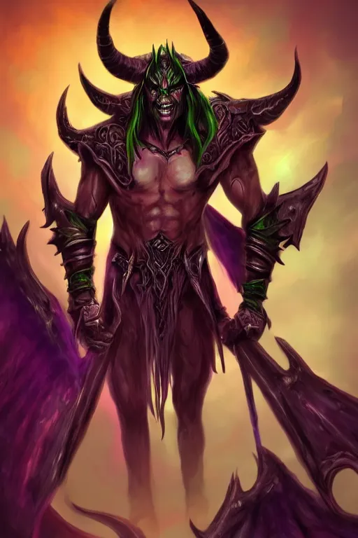 Image similar to illidan the elf demon hunter with band that cover his eyes with demon wings from world of warcraft with background digital painting trending on artstation