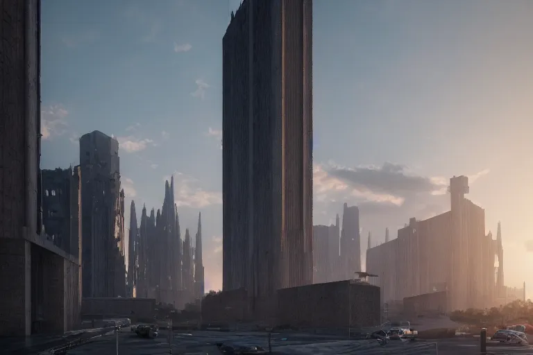 Image similar to streetscape, a towering cathedral of brutalist architecture, buildings covered with greebles, stunning volumetric light, sunset, metal, concrete and translucent material, stunning skies, majestic landscape, trending on Artstation, 8k, photorealistic, hyper detailed, unreal engine 5, IMAX quality, cinematic, epic lighting, in the style of Greg Rutkowski