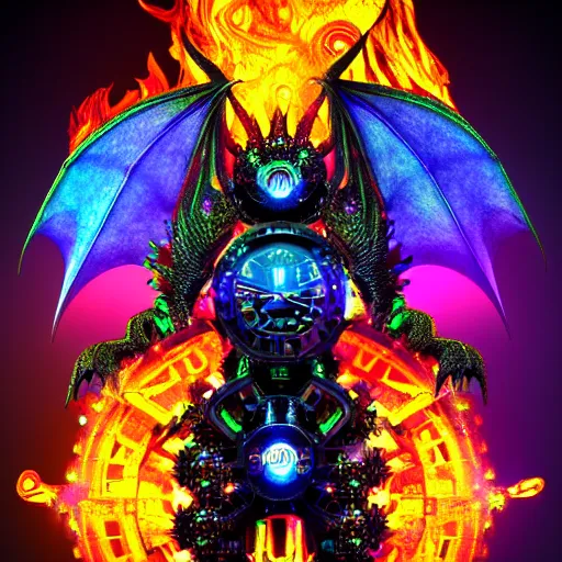 Image similar to cyberpunk dragon made of psychedelic particle effects breathing a flame of clockwork and gears, high detail, glossy finish