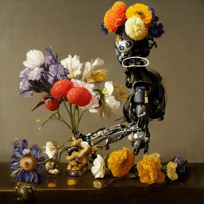 Image similar to still life painting of a beautiful bouquet of flowers coming out of a bipedal robot head by pieter claesz, oil on canvas, strong lighting, highly detailed, hyper realism, golden hour, god rays, hd, 4 k