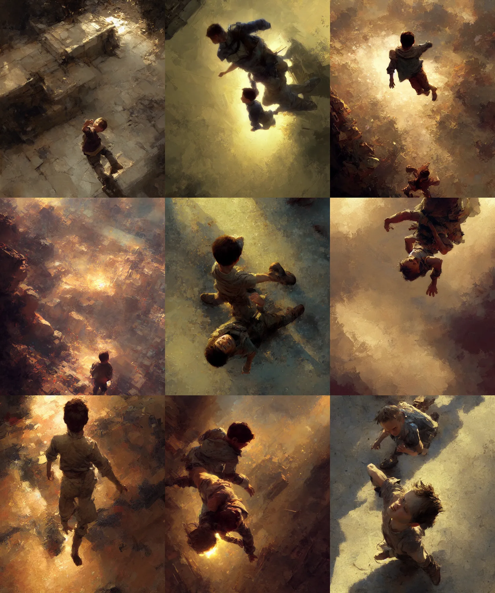 Prompt: overhead view digital art painting of a young boy falling painted by craig mullins and gaston bussiere and greg rutkowski, dramatic lighting, close up