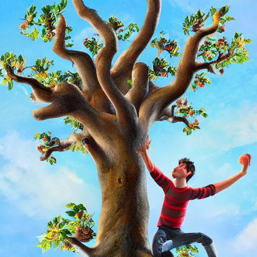 Image similar to streatchy dude trying to reach an apple on a very high tree, digital art, 8K