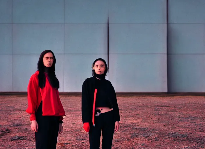 Image similar to cinestill 5 0 d closeup photographic portrait of two clones in front of a brutalist metal building, techwear women, on a desolate plain, red sky, black oversized clothes, depth of field, 4 k, 8 k, hd, full color