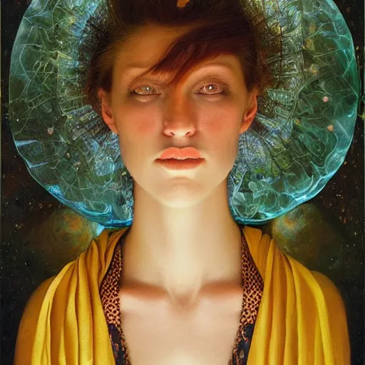 Image similar to A beautiful portrait of a woman with iridescent skin by James C. Christensen