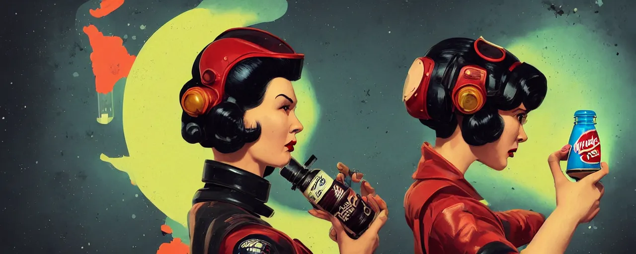 Prompt: duotone noir retrofutiristic concept illustration 3 / 4 portrait of vintage female fallout 4 model black haired in retro space suit advertising bottle of nuka cola. accidental renaissance. by sachin teng and sergey kolesov and ruan jia and heng z. graffiti art, scifi, fantasy, hyper detailed. octane render. concept art. trending on artstation