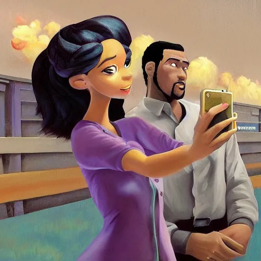 Image similar to stunning, coherent, beautiful painting, still of a creepy man following a beautiful black bbw woman in wal-mart, she is taking a selfie of the creepy man is following her, 3d, in the style of pixar, comic book style, 3d, highly detailed, highly detailed, sharp focus, bokeh, depth of field, 16k resolution, Unreal Engine 5, coherent, cinematic lighting, photorealistic, by Zhang Jingna