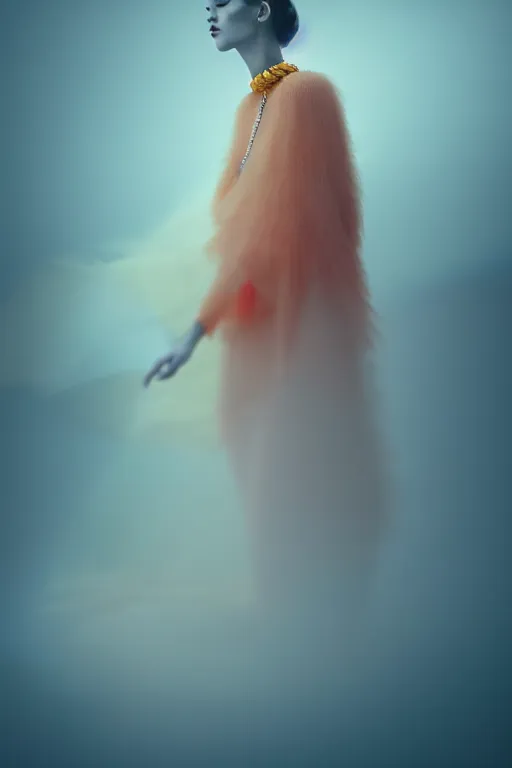 Image similar to a model wearing haute couture from chanel in an environment envisioned by killian eng and moebius, macro photography, long exposure photograph, surrealism, anamorphic bokeh, cozy, soft light, orange and teal, caustic, atmospheric fog, octane render, cinematic