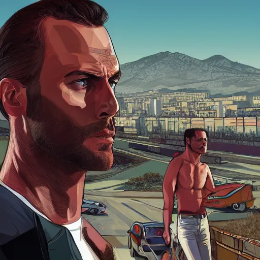 Image similar to gigachad in GTA V, cover art by Stephen Bliss, artstation, no text