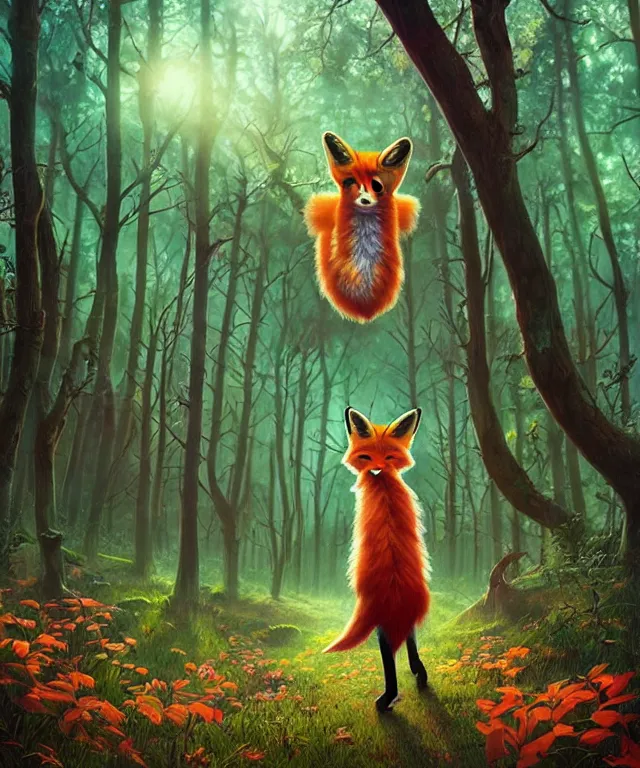 Image similar to a single realistic fox, walking through a psychedelic forest, wide angle landscape shot, pixar style by tristan eaton, artgerm and tom bagshaw