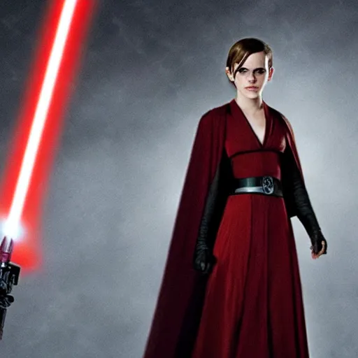 Image similar to emma watson as a sith lord with a red lightsaber