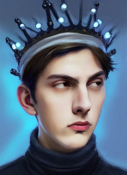 Image similar to portrait of teenage jughead jones wearing a light grey crown, crown, blue turtleneck, 1 9 5 0 s, closed eyes, photorealistic, black hair, glowing lighting, intricate, elegant, glowing lights, highly detailed, digital painting, artstation, concept art, smooth, sharp focus, illustration, art by wlop, mars ravelo and greg rutkowski