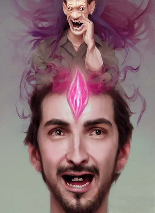 Image similar to character concept portrait of an attractive young laughing Spanish wizard with pink skin conjuring a love spell, a floating iridescent spell book in the center, intricate, elegant, digital painting, concept art, smooth, sharp focus, illustration, from Metal Gear, by Ruan Jia and Mandy Jurgens and William-Adolphe Bouguereau, Artgerm