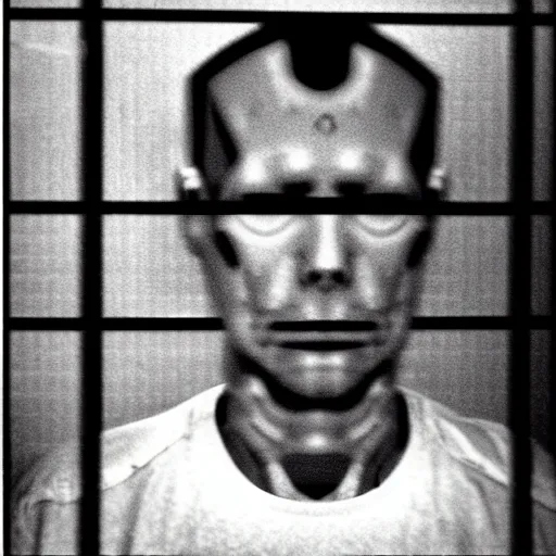 Image similar to grainy photo of an ugly man, wearing bionic implants, cyborg, cyborg, cyborg, criminal, mugshot background