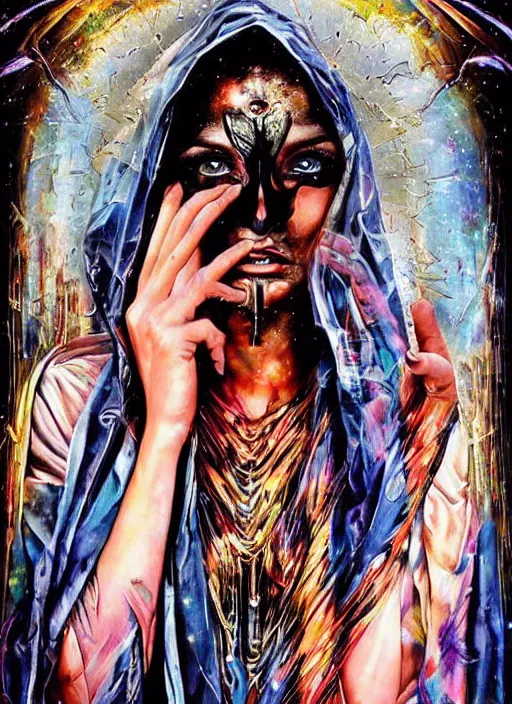 Image similar to beautiful tripping cult magic psychic woman, subjective consciousness psychedelic, epic occult ritual symbolism story iconic, dark robed witch, oil painting, robe, symmetrical face, greek dark myth, by Sandra Chevrier, Johanna Martine, masterpiece