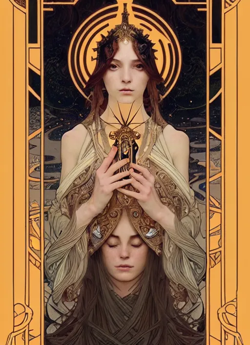 Image similar to beautiful priestess girl tarot card portrait, biomechanical, intricate artwork masterpiece, majestic, elden ring cinematic lighting, volumetric 8 k, by alphonse mucha, apollonia saintclair, josan gonzalez, artgerm, edmund leighton, kilian eng, trending on cgsociety, octane render, 8 k