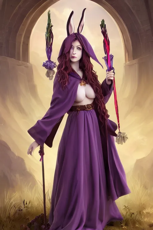 Prompt: Beautiful lady with bunny ears, tall, Evoker robes, dark purple, modest, smoke energy, strange creatures, high fantasy, heroic, detailed face, white skin, red hair, curly hair, golden circlet, no extra ears, by Frank Franzzeta ,ornamental rober, symmetry, trending on artstation, artstationHD, artstationHQ, deviantart, matte painting, colorful