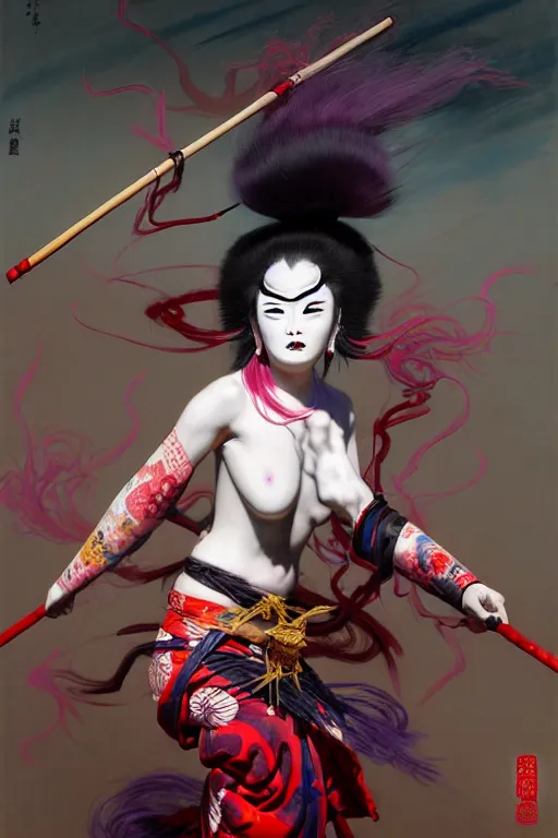 Image similar to an insane kabuki warrior wielding a spear while emitting a visible aura of madness, intricate kimono, red wig, crossed eyes, hazy atmosphere, high energy, in the style of fenghua zhong and ruan jia and jeremy lipking and peter mohrbacher, mystical colors, rim light,