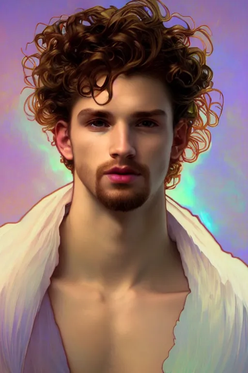 Prompt: portrait of a beautiful young fit male angel with curly blond hairs, dressed with fluent clothes, luminous scene, by greg rutkowski and alphonse mucha, d & d character, gradient white to cyan, in front of an iridescent background, highly detailed portrait, digital painting, artstation, concept art, smooth, sharp focus ilustration, artstation hq