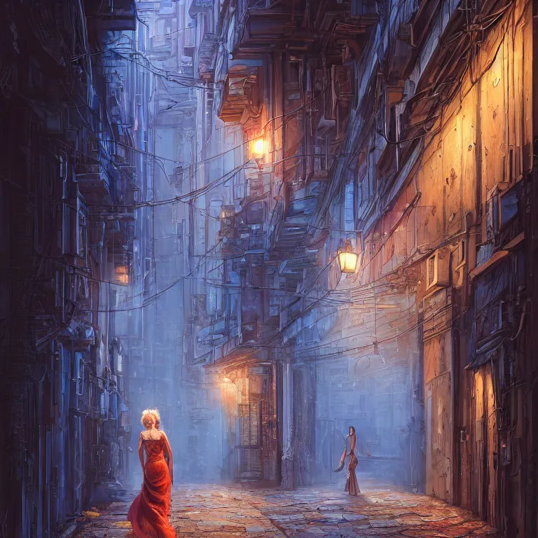 Prompt: hyperrealistic and beautiful painting of an alley way within a grand city, lone woman in a dress walking, classical architecture, technological lights, screens, cyberpunk style, 8 k resolution, by hugh ferris and john smith, polished, fine detail, intricate, blue color scheme, cyberpunk style, smooth, octane, concept art, trending on artstation