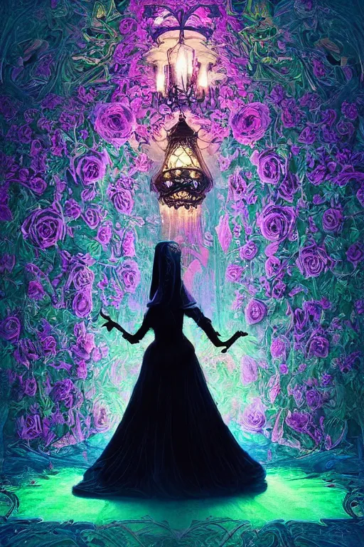 Image similar to Psychedelic black light style, nostalgia of a fairytale, elegant fairytale tower covered in roses, full body portrait of medieval princess, cottagecore, Exquisite, dramatic lighting, by Marc Simonetti, Colleen Doran