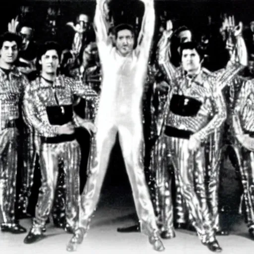 Image similar to A movie still of Mussolini wearing a disco suit in Satuday Night Fever